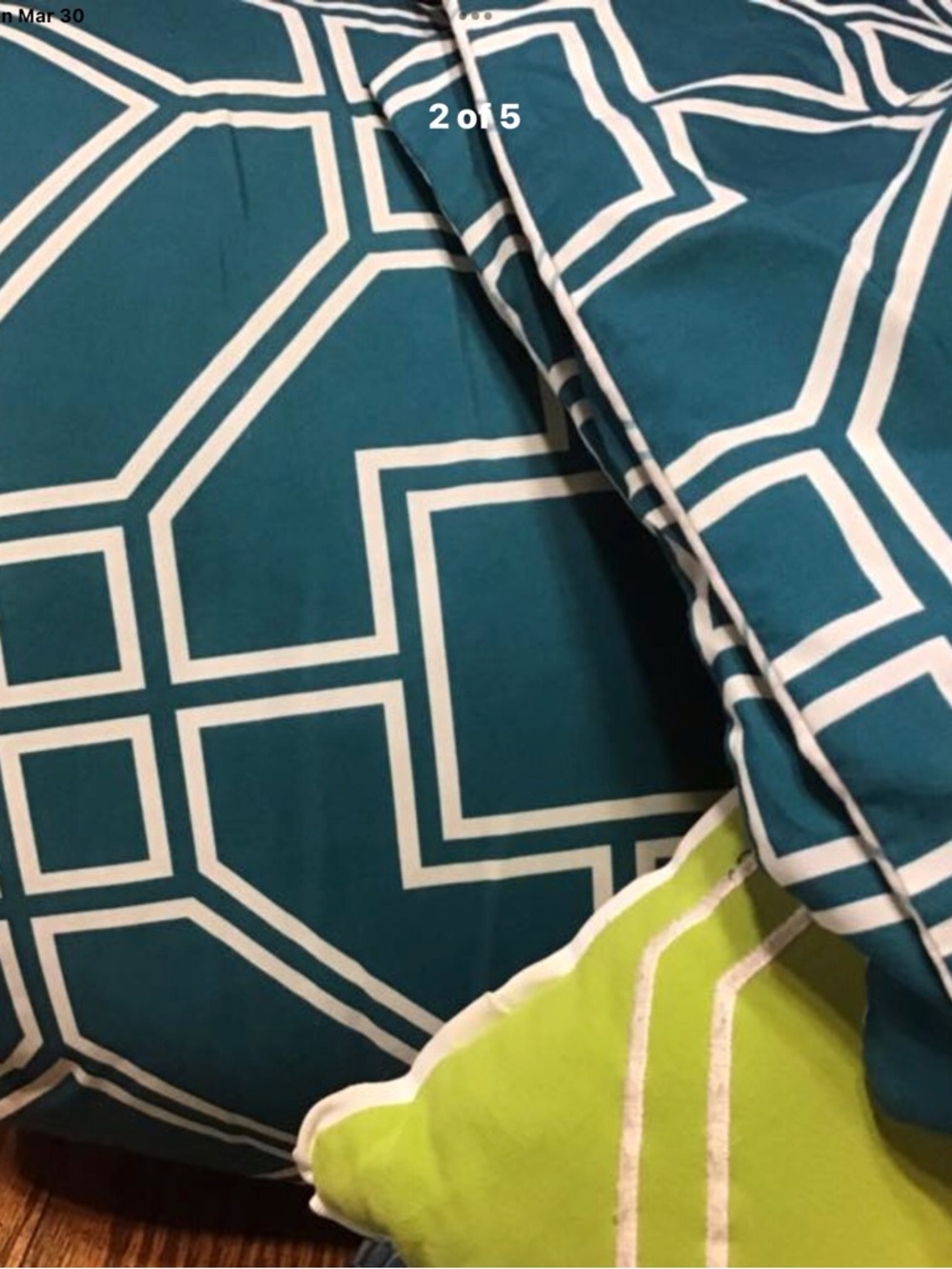 Teal Geometric queen comforter 2 pillow shams and one green throw pillow
